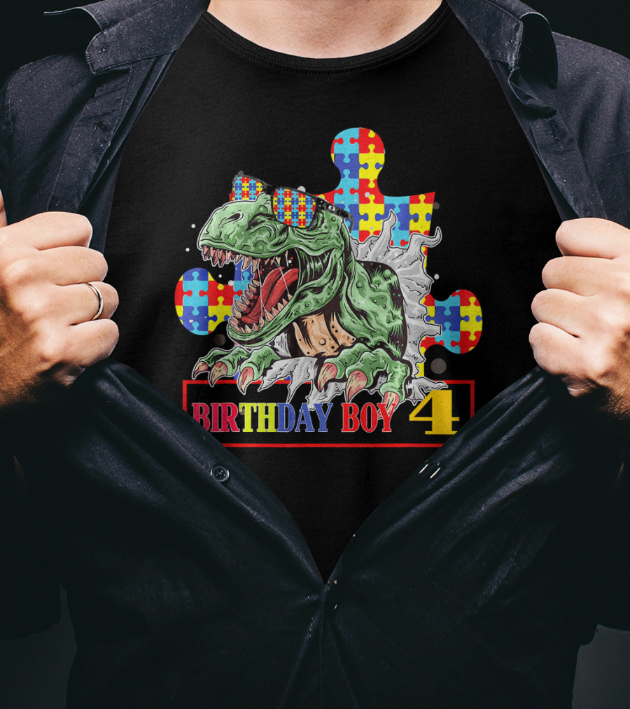 T Rex Birthday Boy 4 Autism Awareness T-Shirt