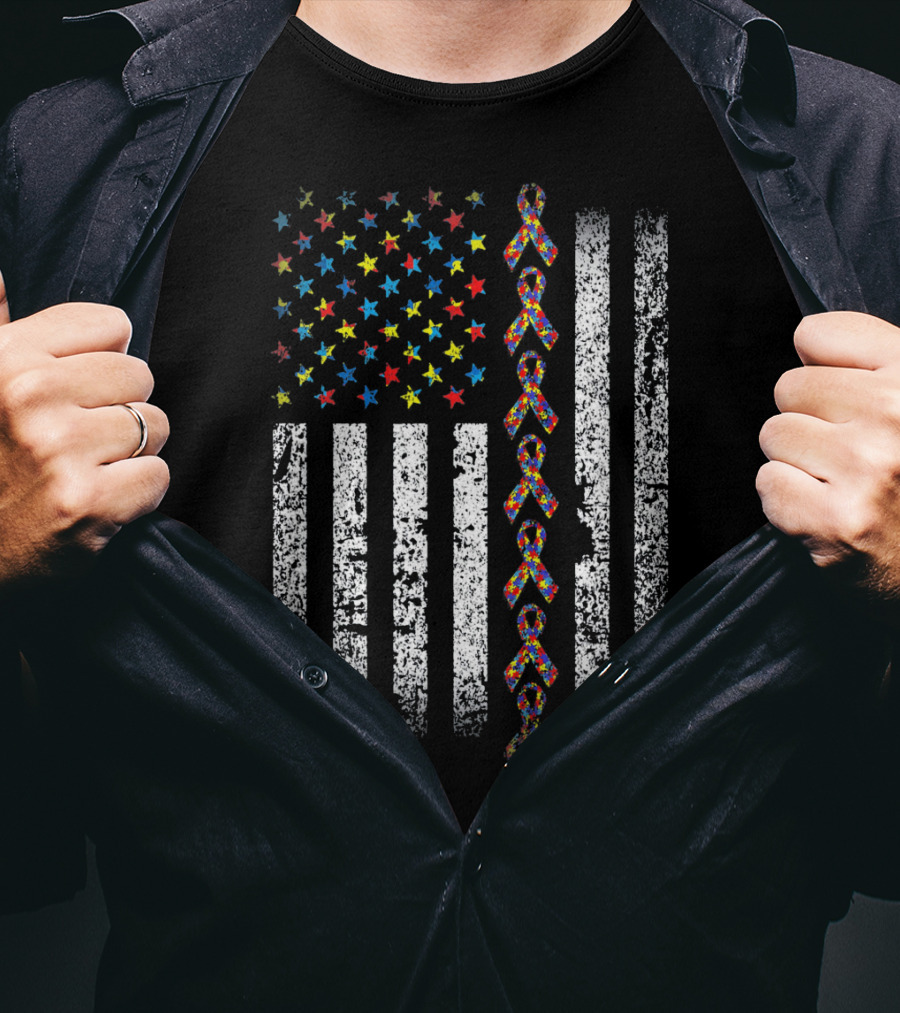 USA Flag With Autism Awareness Ribbon T-Shirt