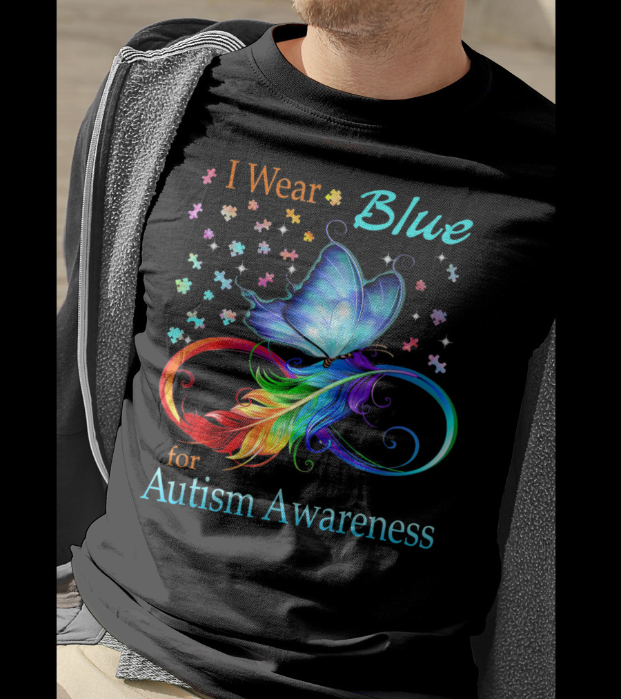 I Wear Blue For Autism Awareness Butterfly Ribbon Puzzle Pieces T-Shirt