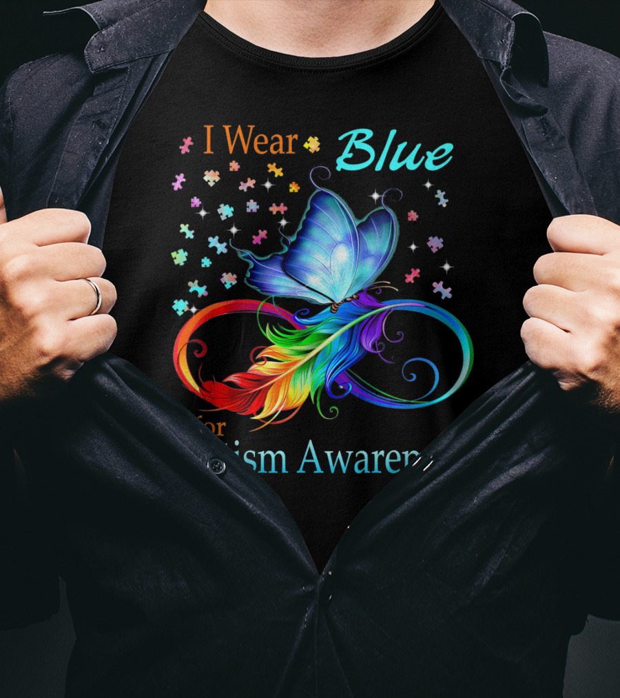 I Wear Blue For Autism Awareness Butterfly Ribbon Puzzle Pieces T-Shirt