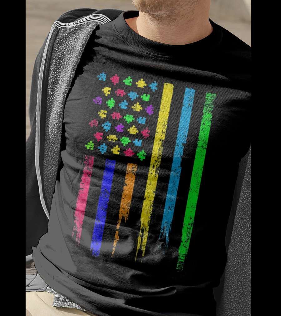 USA Flag Puzzle Pieces Rainbow Stripes T-Shirt