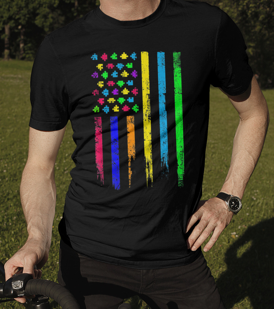 USA Flag Puzzle Pieces Rainbow Stripes T-Shirt