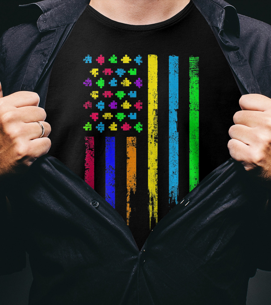 USA Flag Puzzle Pieces Rainbow Stripes T-Shirt