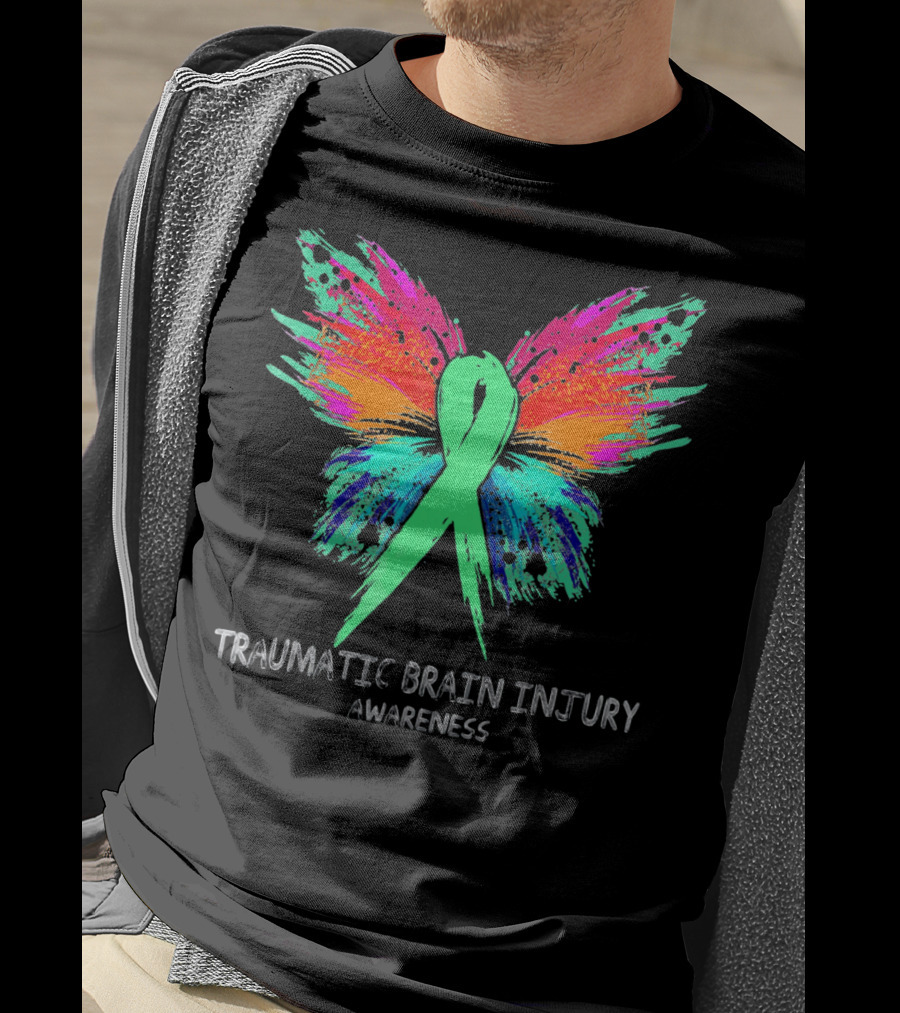 TRAUMATIC BRAIN INJURY Awareness Ribbon Colorful Butterfly T-Shirt
