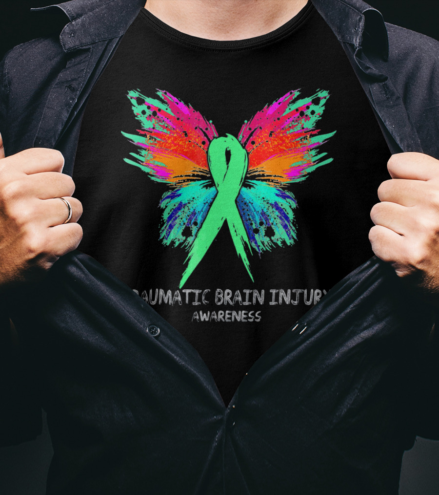 TRAUMATIC BRAIN INJURY Awareness Ribbon Colorful Butterfly T-Shirt