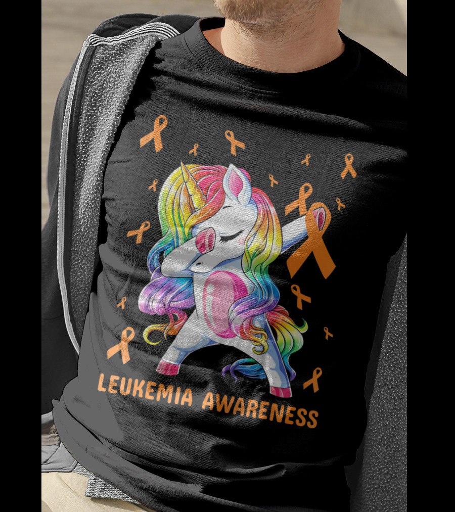 Rainbow Unicorn Dabbing Leukemia Awareness Orange T-Shirt