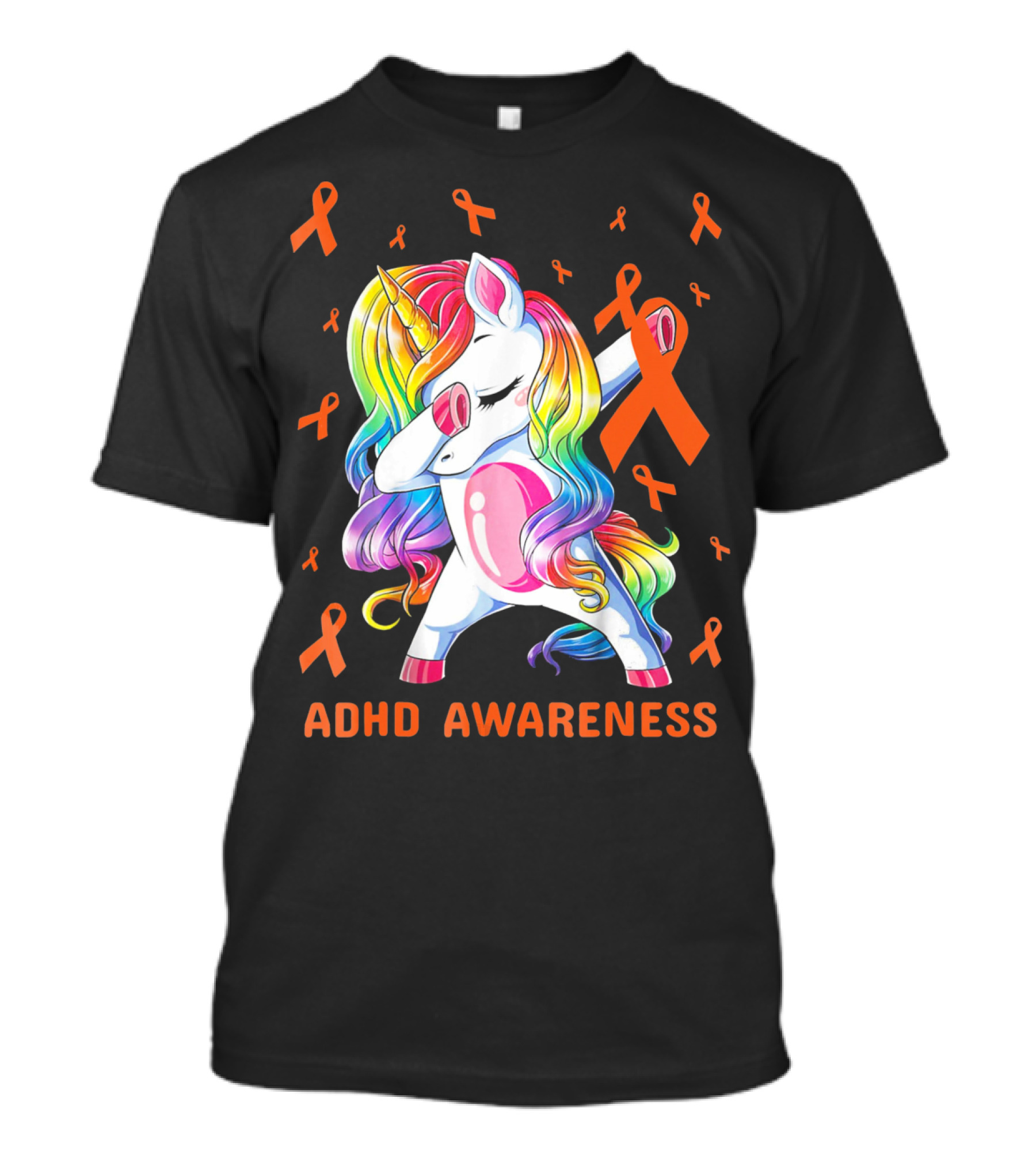 ADHD Awareness Dabbing Unicorn With Rainbow Mane And Orange Ribbons T-Shirt