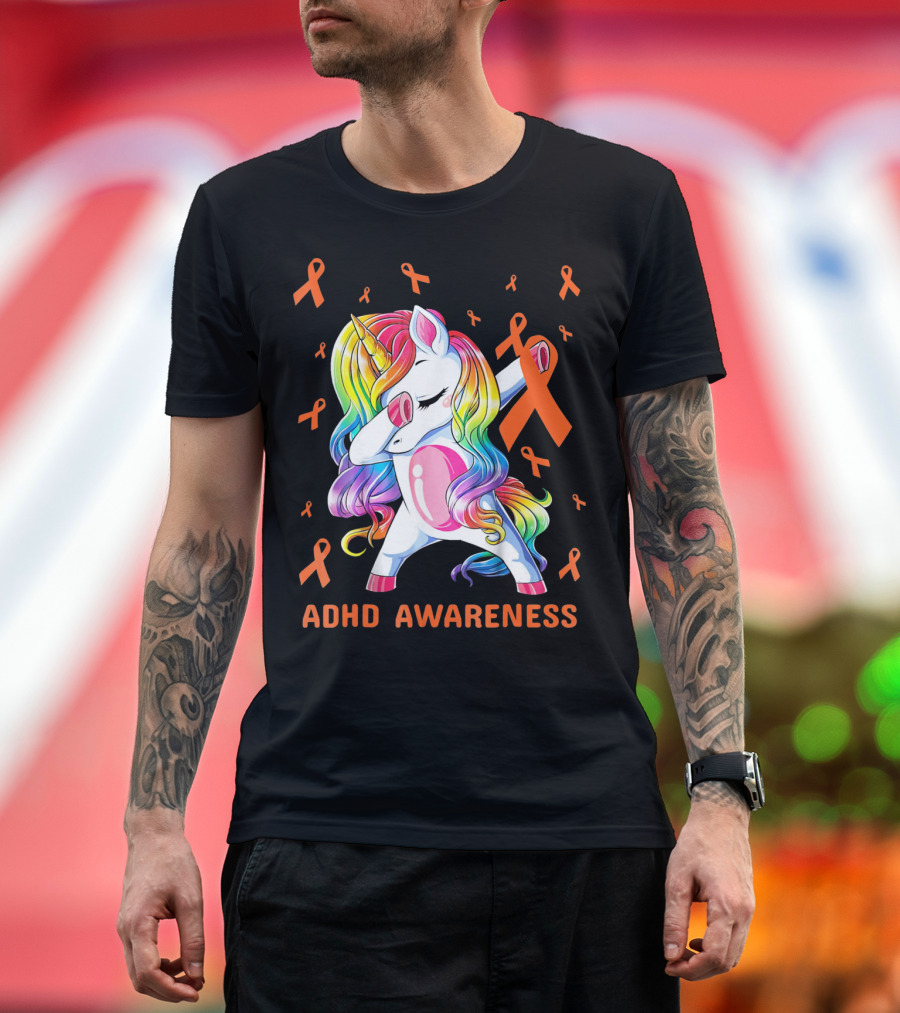 ADHD Awareness Dabbing Unicorn with Rainbow Mane and Orange Ribbons T-Shirt