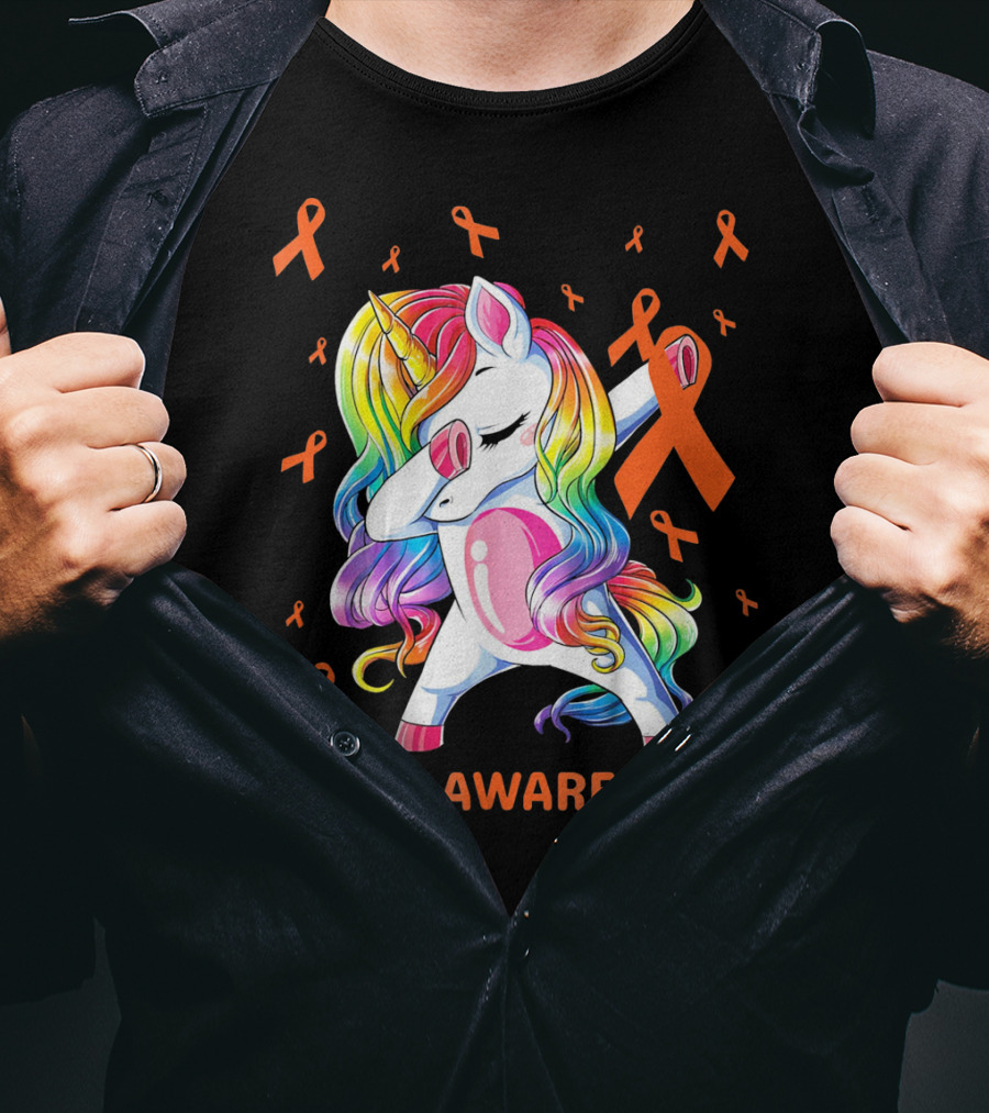 ADHD Awareness Dabbing Unicorn With Rainbow Mane And Orange Ribbons T-Shirt