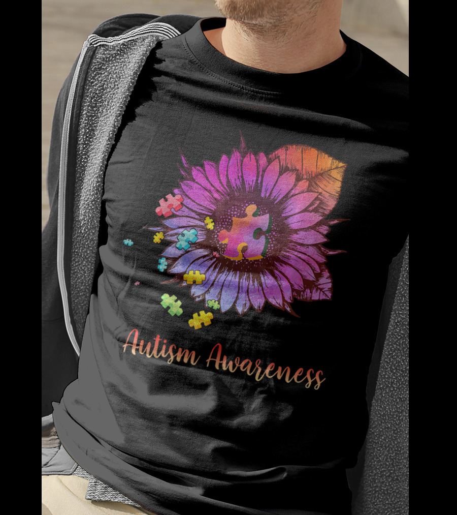 Autism Awareness Puzzle Ribbon Sunflower Hippie T-Shirt