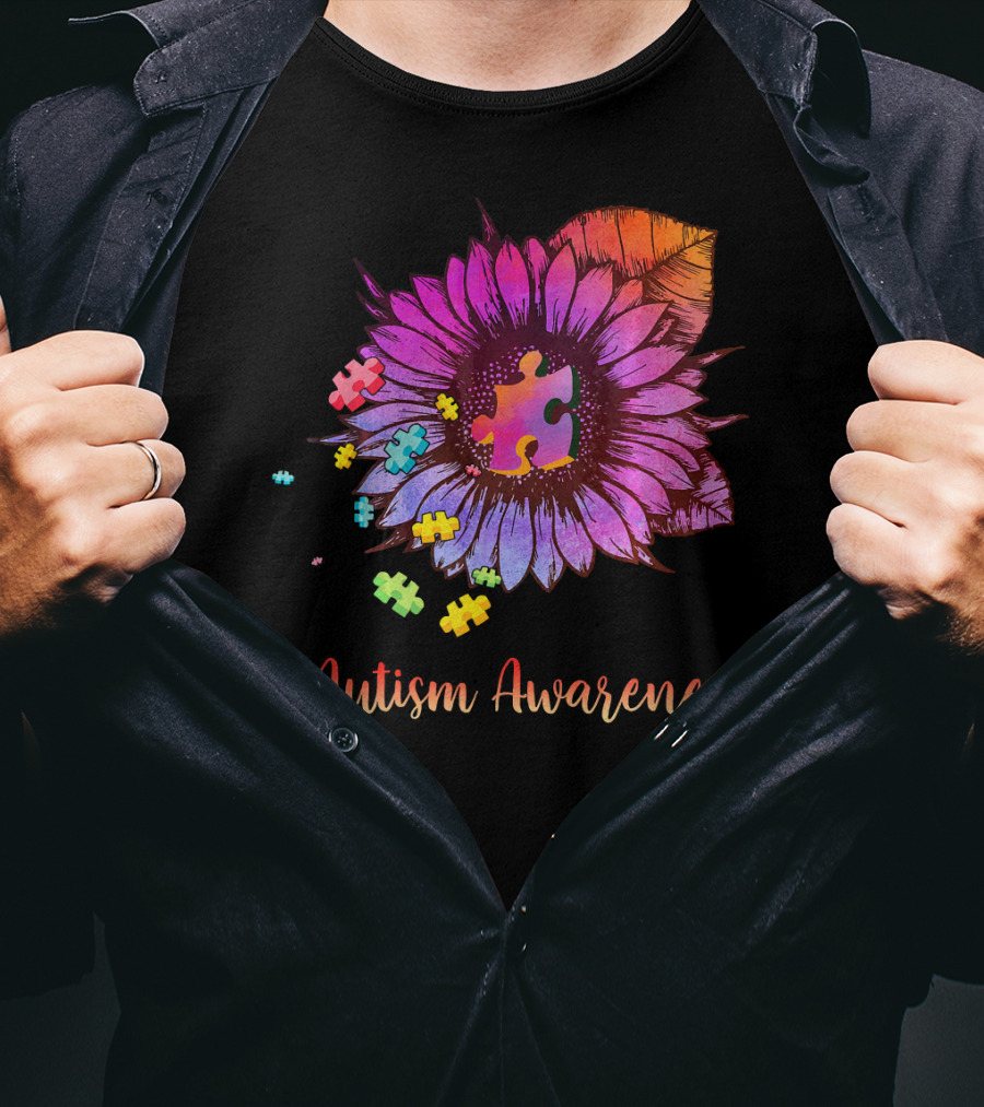 Autism Awareness Puzzle Ribbon Sunflower Hippie T-Shirt