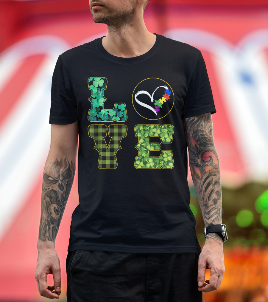 LOVE Shamrocks Plaid Heart Puzzle Autism Awareness St. Patrick's Day T-Shirt