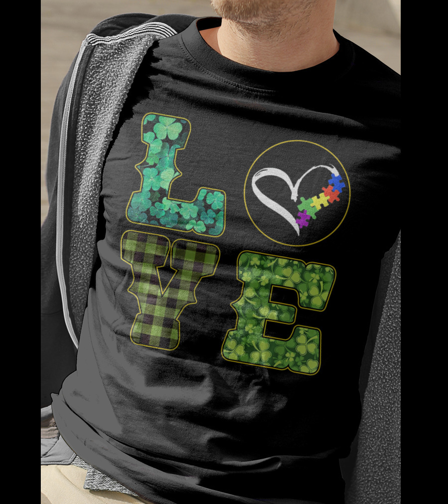 LOVE Shamrocks Plaid Heart Puzzle Autism Awareness St. Patrick's Day T-Shirt