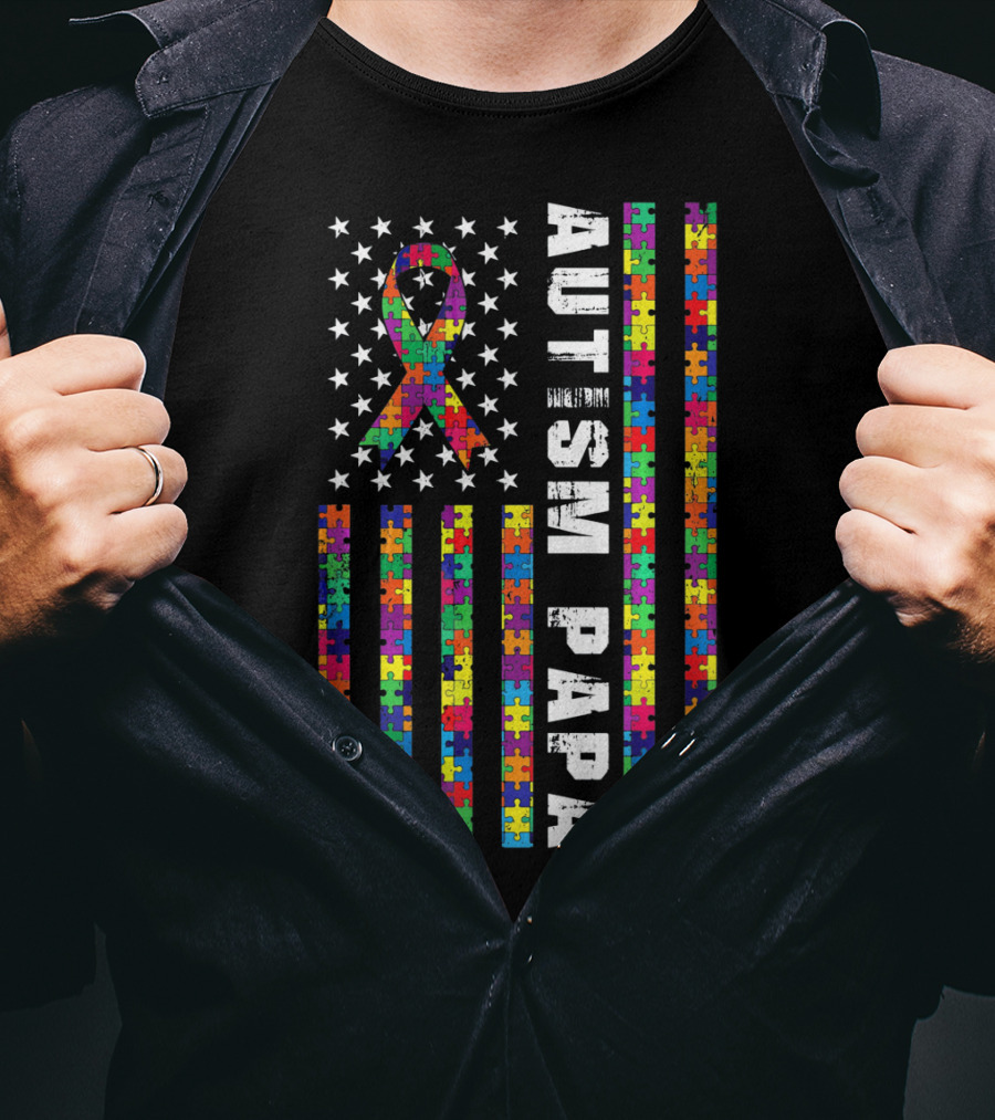 Autism Papa American Flag Puzzle Ribbon Stars T-Shirt