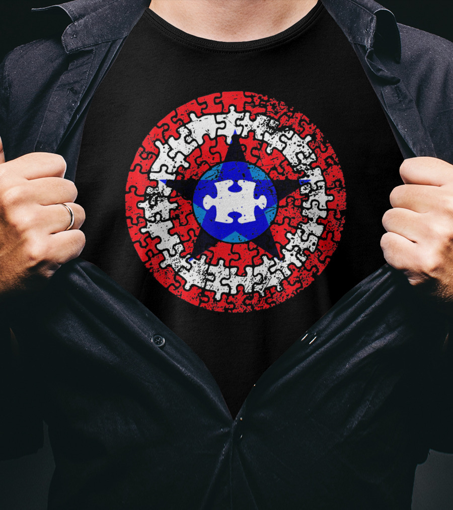 Captain Autism Superhero Shield Awareness Puzzle Star Emblem T-Shirt