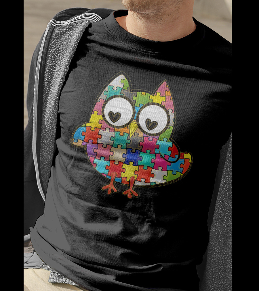 Autism Owl Puzzle Heart Eyes Autism Awareness Month T-Shirt