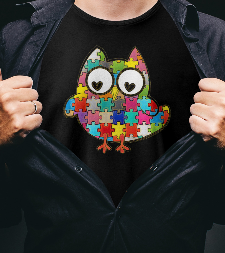 Autism Owl Puzzle Heart Eyes Autism Awareness Month T-Shirt