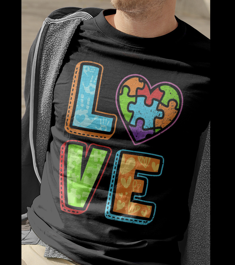 LOVE Heart Autism Awareness Puzzle Handprints T-Shirt