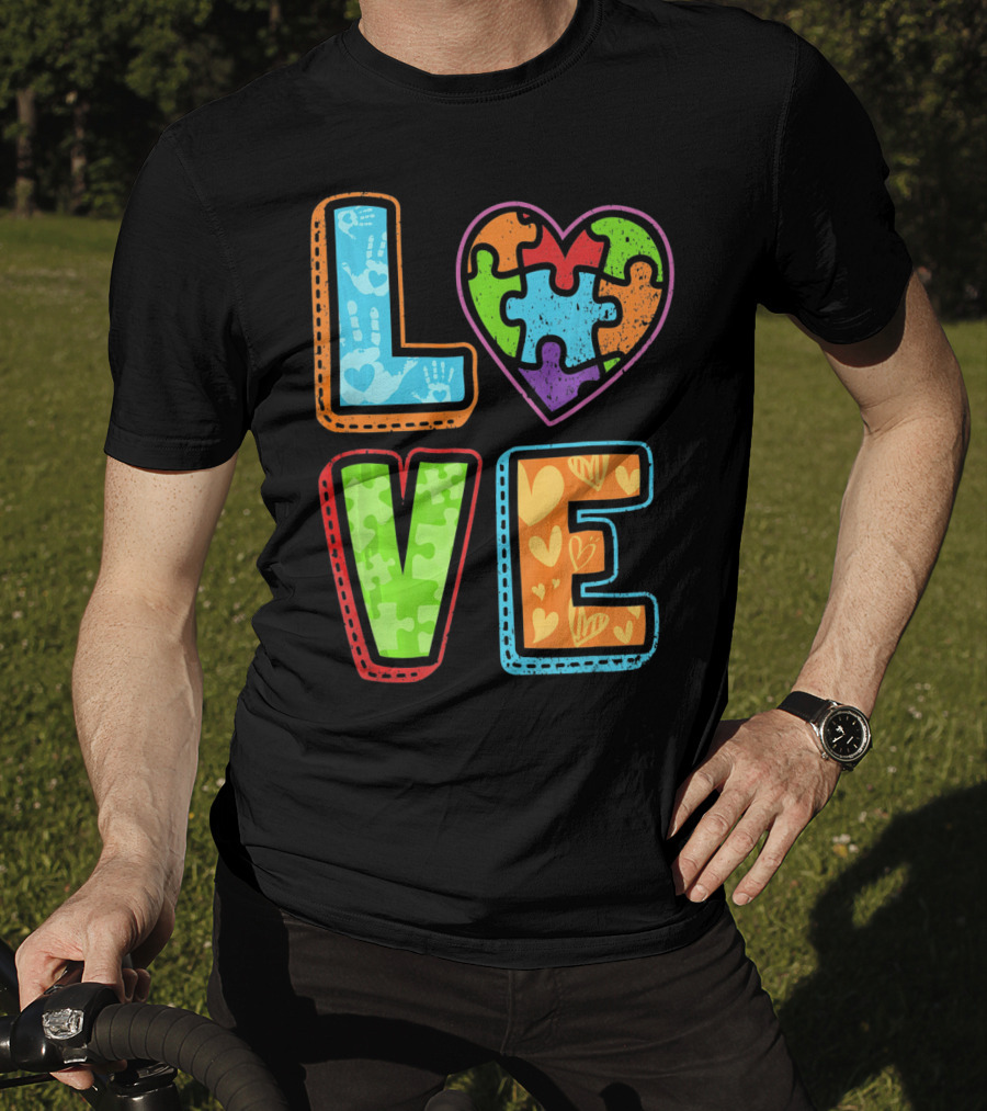 LOVE Heart Autism Awareness Puzzle Handprints T-Shirt