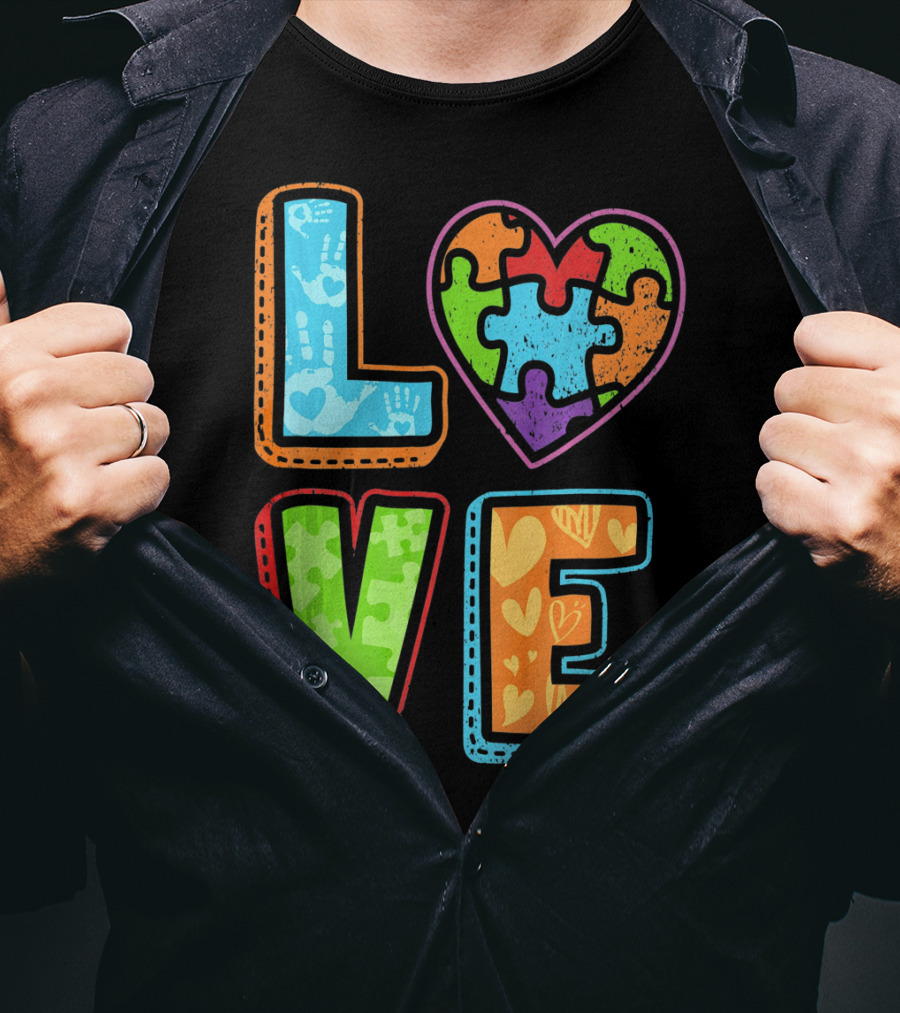 LOVE Heart Autism Awareness Puzzle Handprints T-Shirt
