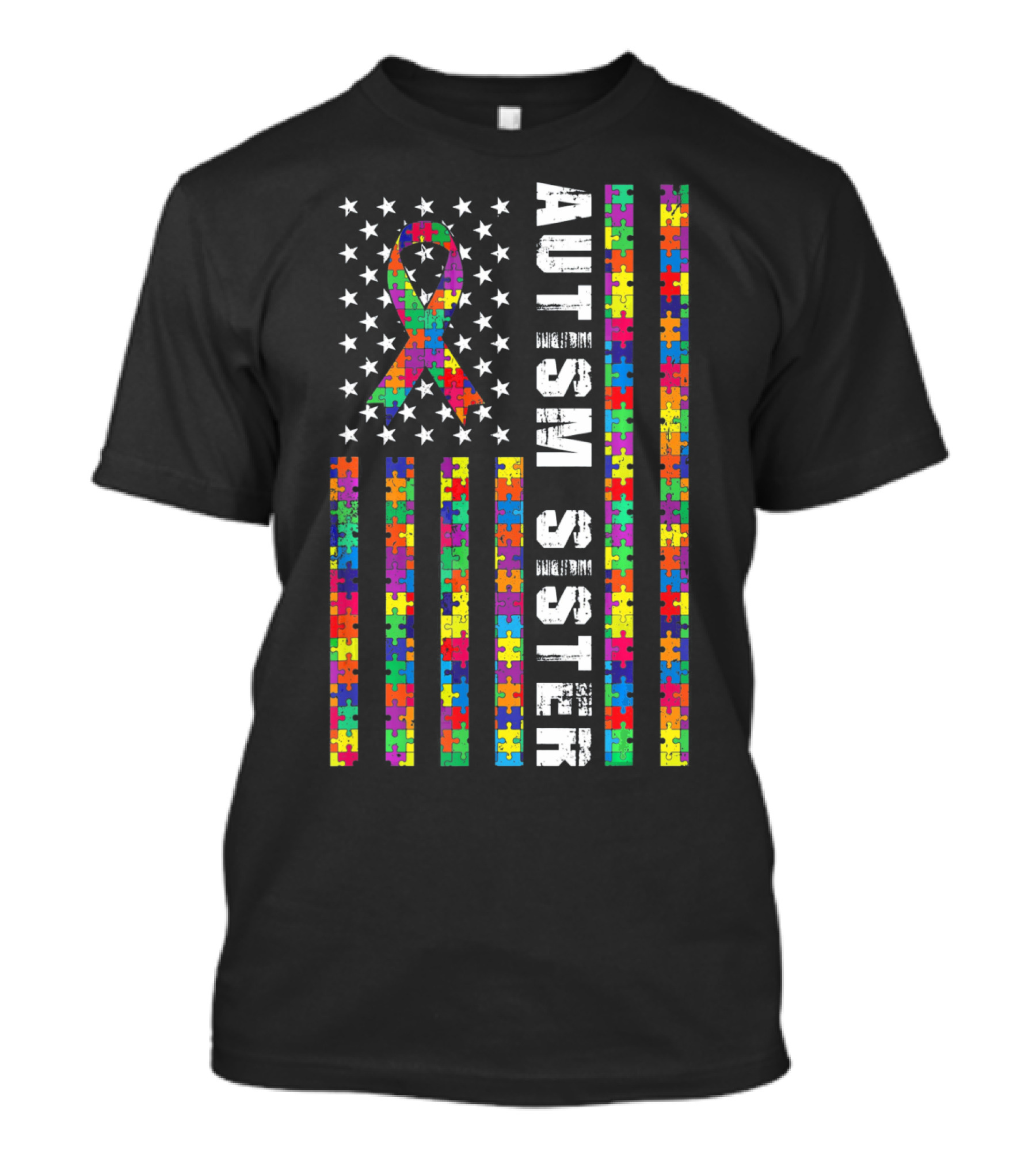 Autism Sister American Flag Puzzle Ribbon Autism Awareness T-Shirt
