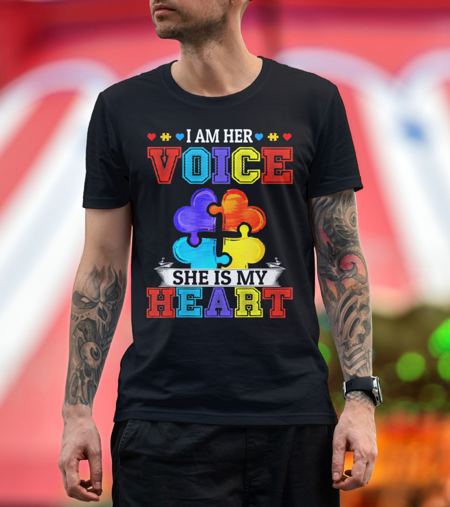 I Am Her Voice She Is My Heart Autism Puzzle Pieces T-Shirt