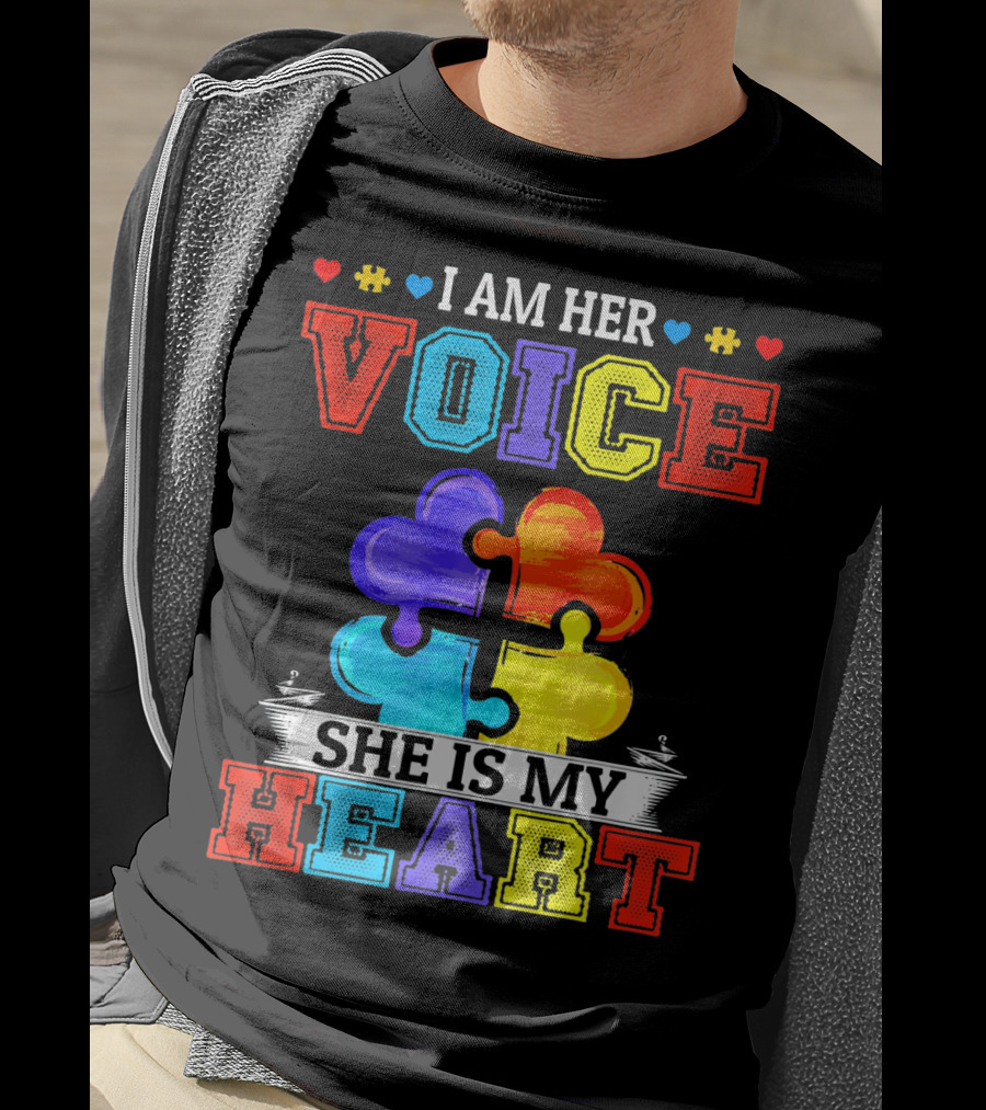 I Am Her Voice She Is My Heart Autism Puzzle Pieces T-Shirt