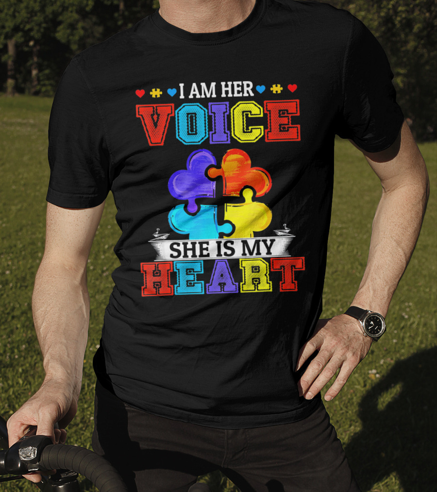 I Am Her Voice She Is My Heart Autism Puzzle Pieces T-Shirt