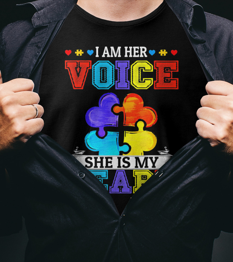 I Am Her Voice She Is My Heart Autism Puzzle Pieces T-Shirt