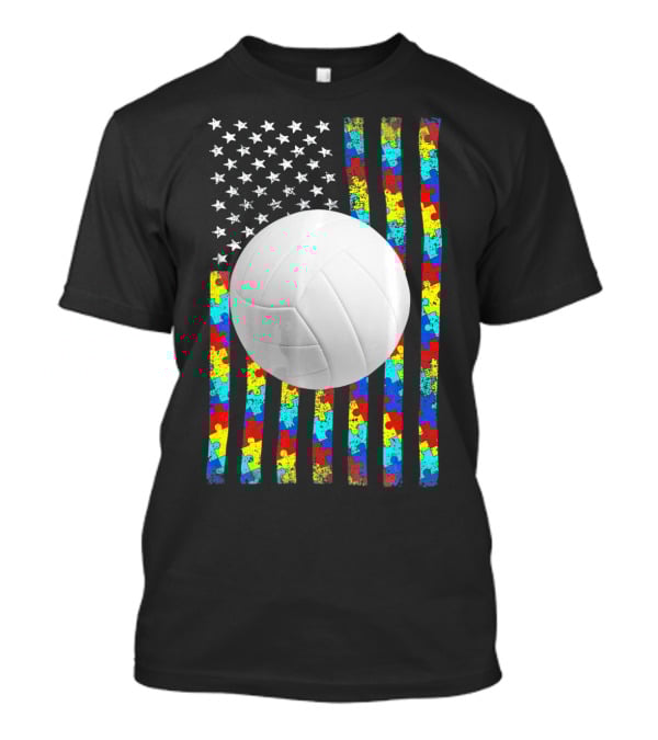 Autism Awareness Puzzle Flag Volleyball American Flag T-Shirt