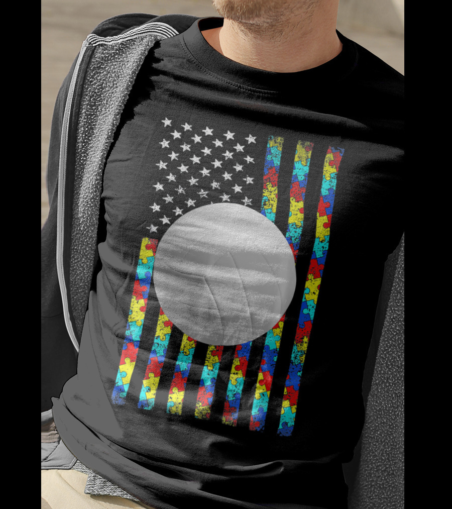 Autism Awareness Puzzle Flag Volleyball American Flag T-Shirt