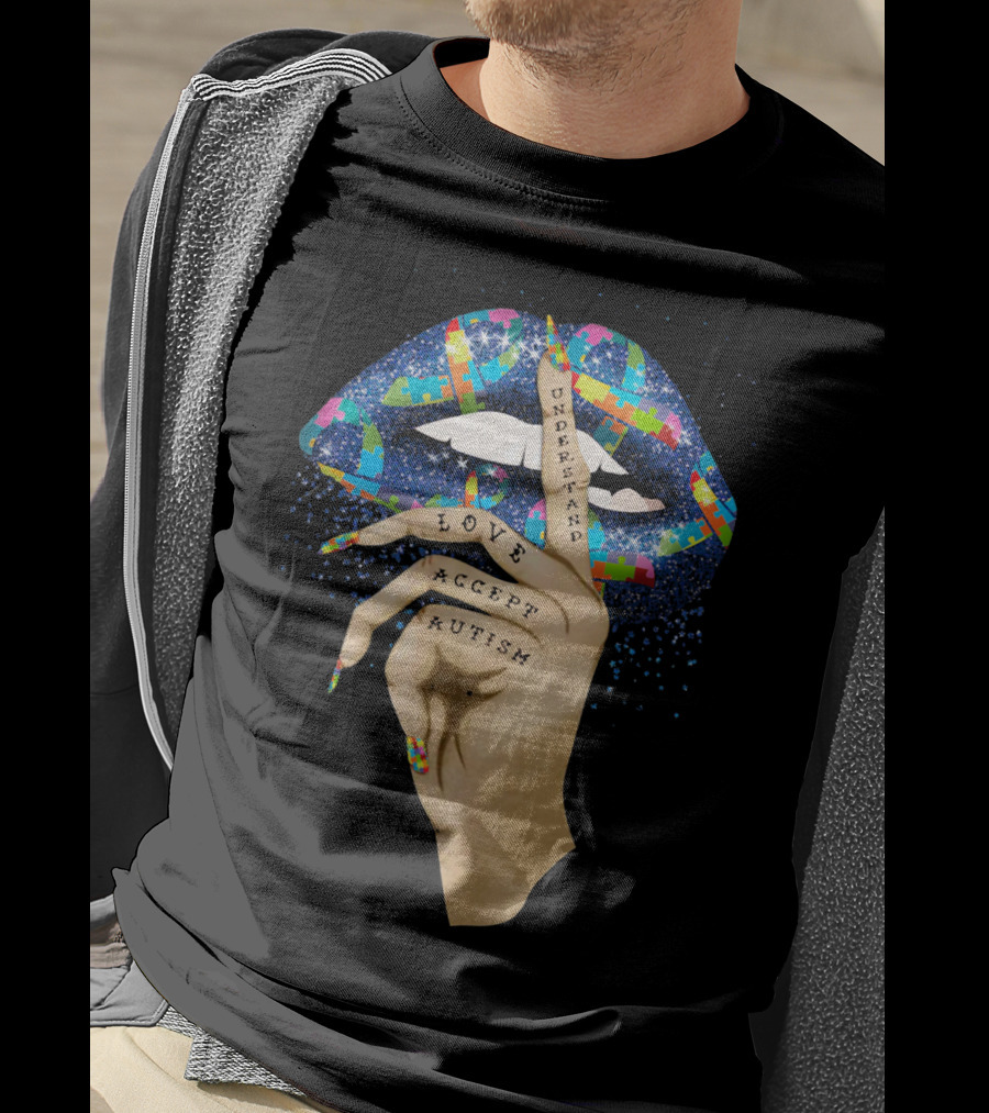 Love Understand Accept Autism Finger On Lips With Puzzle T-Shirt