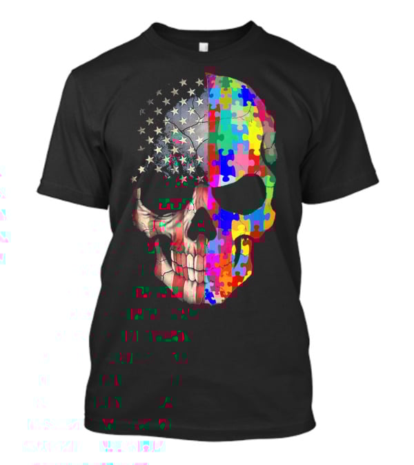 American Flag Autism Awareness Skull Puzzle Pieces Sku T-Shirt