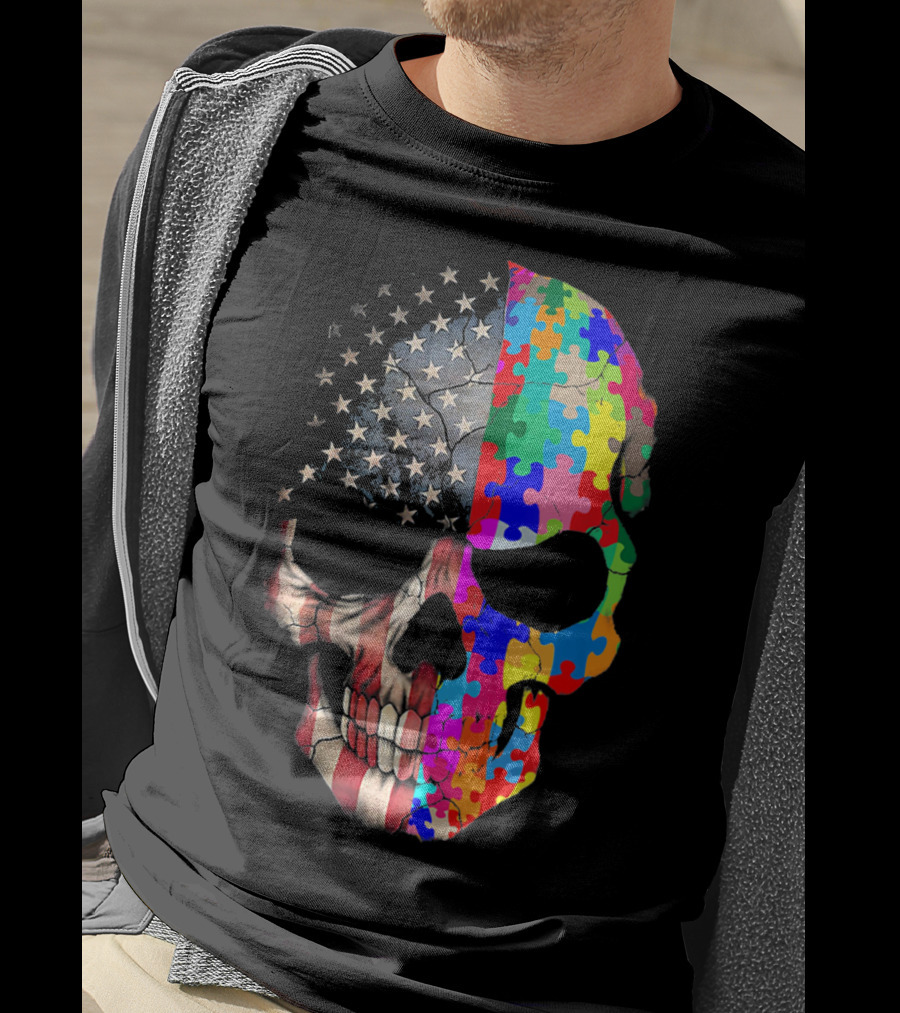 American Flag Autism Awareness Skull Puzzle Pieces Sku T-Shirt