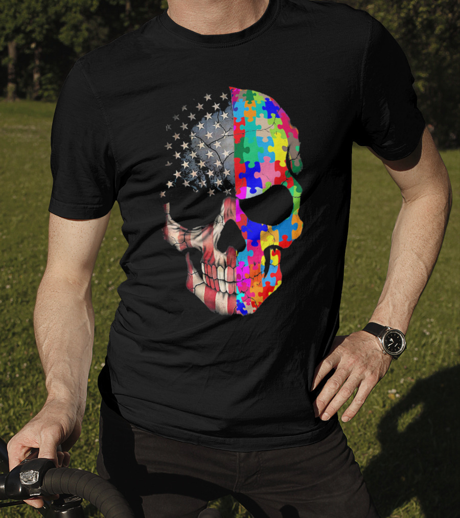 American Flag Autism Awareness Skull Puzzle Pieces Sku T-Shirt