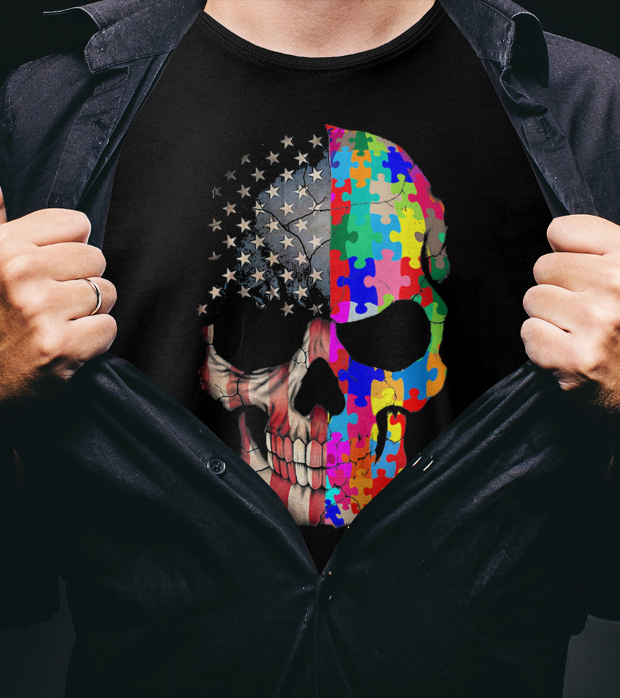 American Flag Autism Awareness Skull Puzzle Pieces Sku T-Shirt