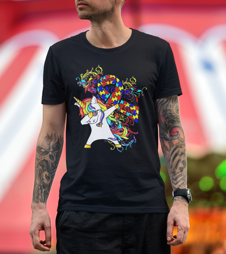 Unicorn Dabbing Hope Love Autism Awareness Puzzle T-Shirt