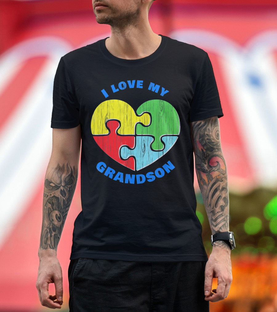 I Love My Grandson Puzzle Heart Autism Support T-Shirt