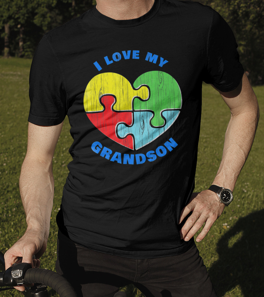 I Love My Grandson Puzzle Heart Autism Support T-Shirt