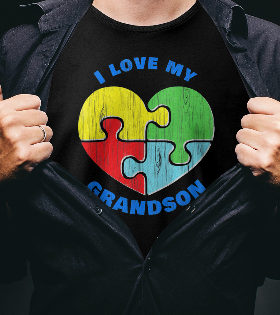 I Love My Grandson Puzzle Heart Autism Support T-Shirt