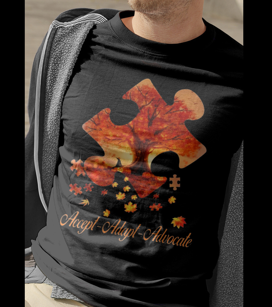 Accept Adapt Advocate Puzzle Autumn Leaves Autism Awareness T-Shirt