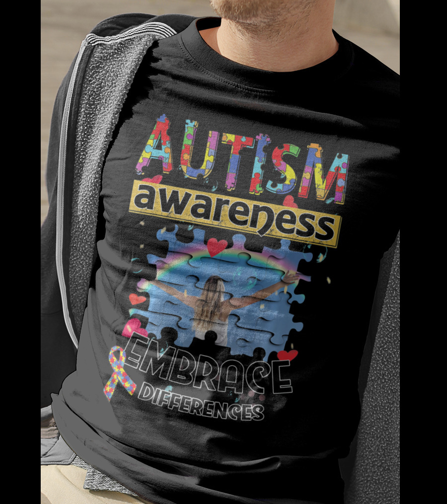 Autism Awareness Embrace Differences Puzzle Piece Rainbow T-Shirt
