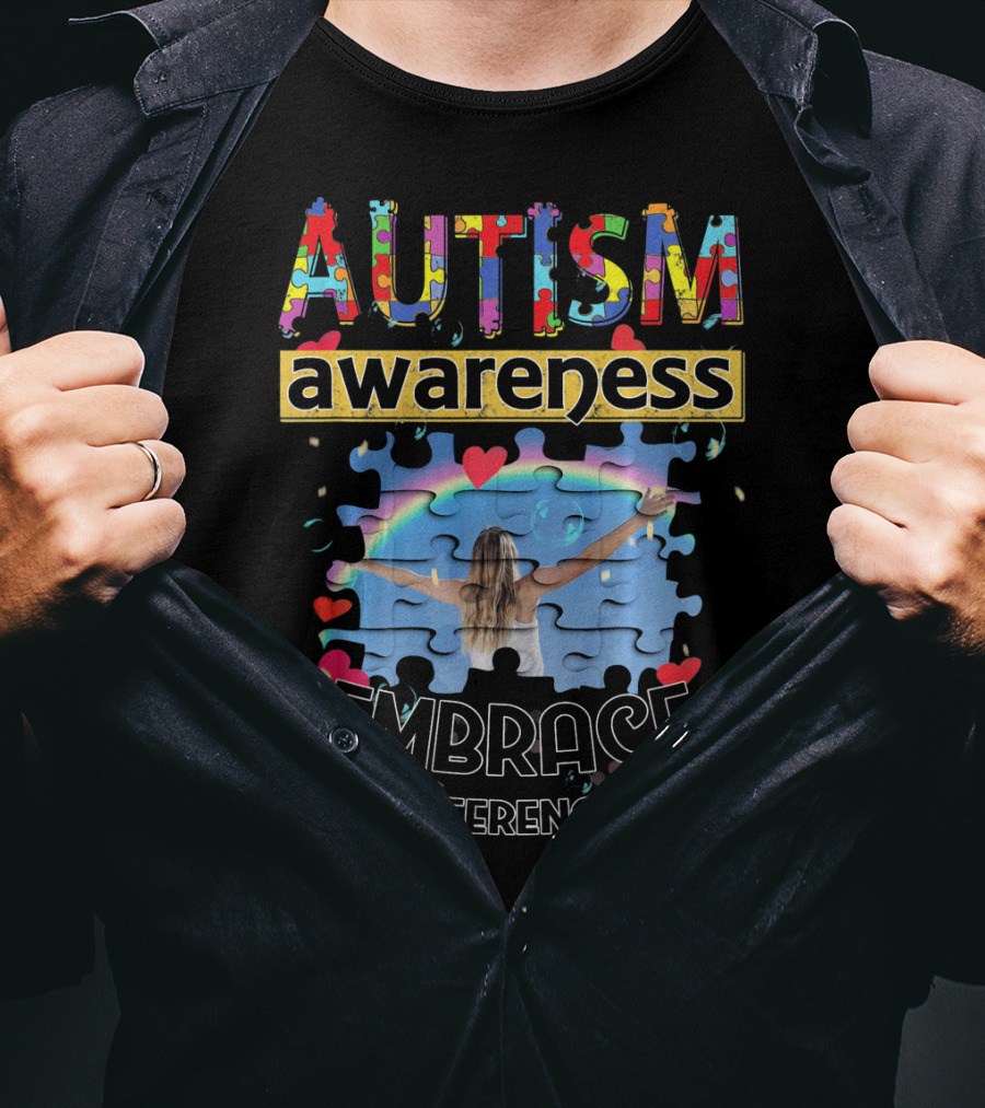 Autism Awareness Embrace Differences Puzzle Piece Rainbow T-Shirt
