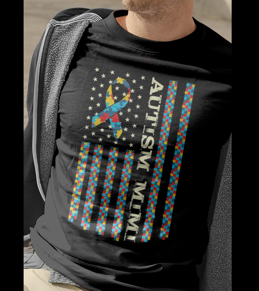 Proud Autism Mimi Vintage Autism Awareness Ribbon Puzzle Flag T-Shirt