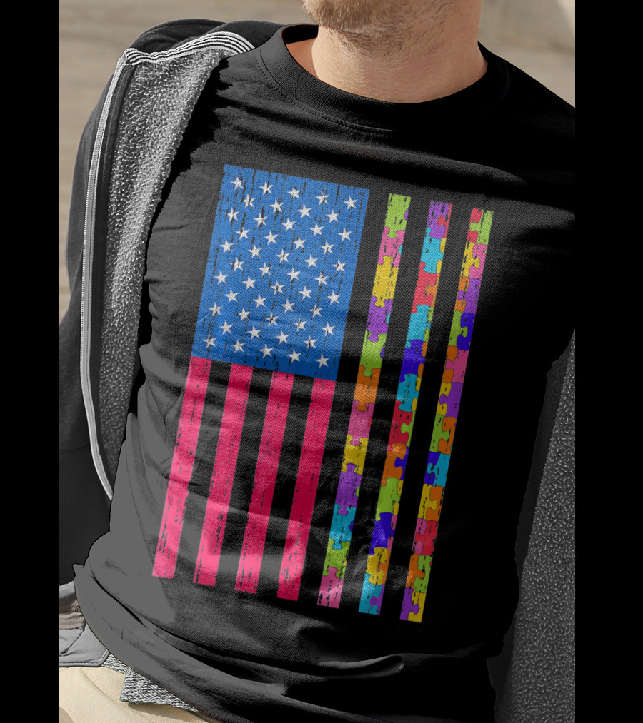 Autism Puzzle Piece American Flag USA T-Shirt