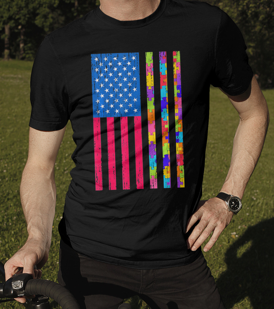 Autism Puzzle Piece American Flag USA T-Shirt