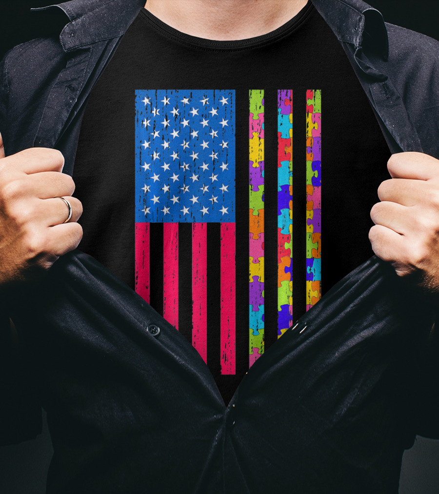 Autism Puzzle Piece American Flag USA T-Shirt