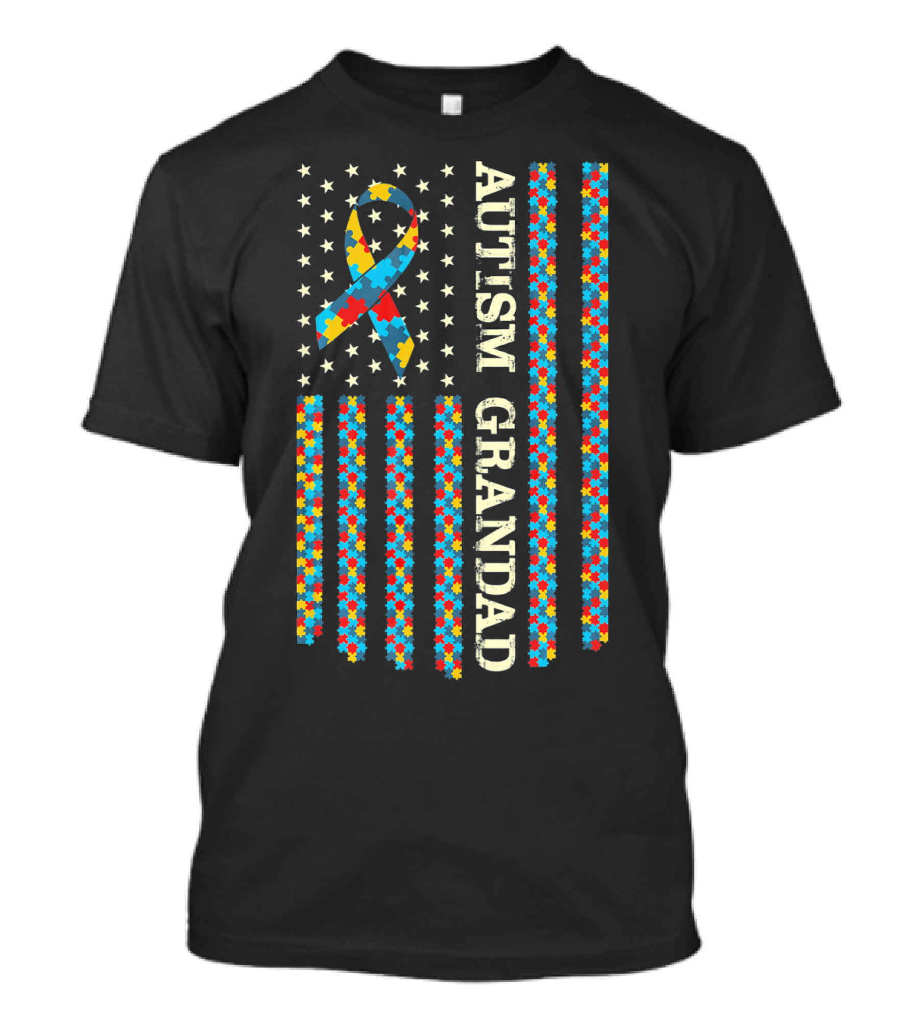Autism Grandad Ribbon Puzzle American Flag Autism Awareness T-Shirt