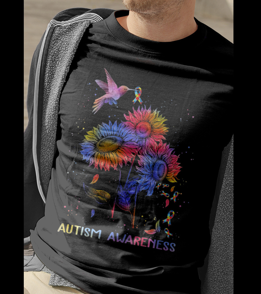 Autism Awareness Colorful Hummingbird And Sunflowers With Ribbons T-Shirt
