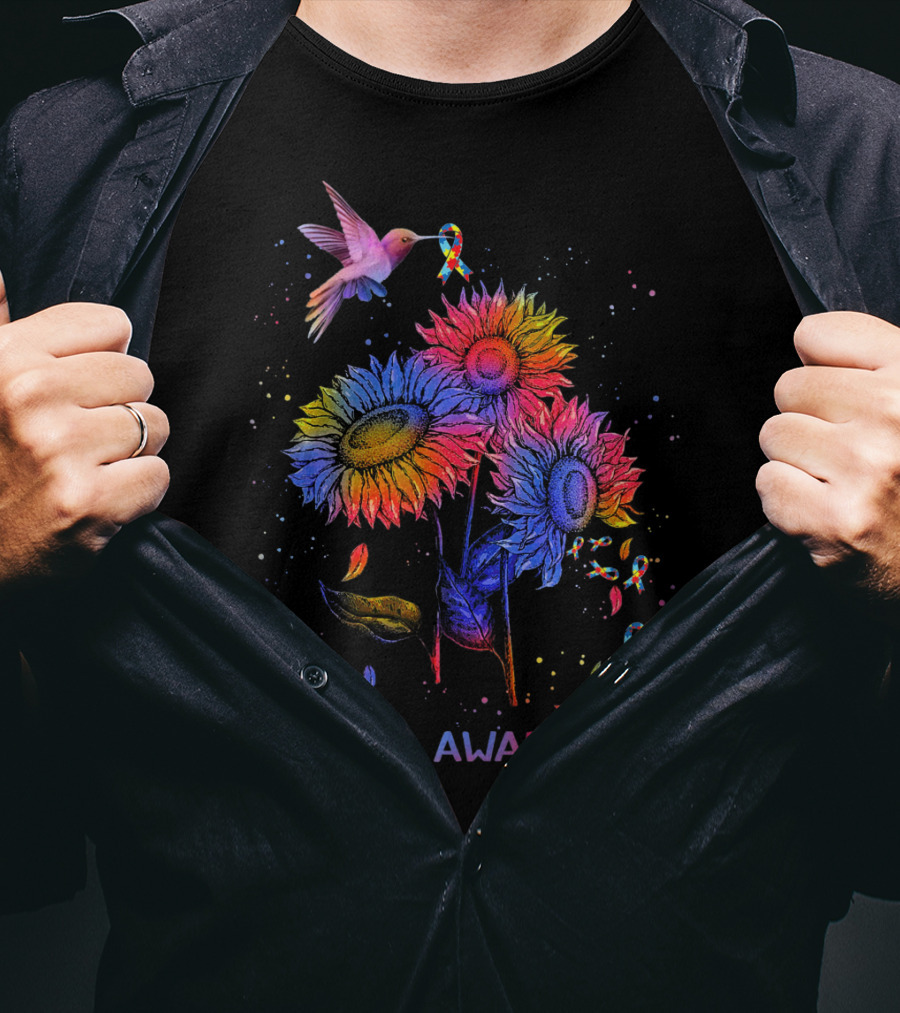 Autism Awareness Colorful Hummingbird And Sunflowers With Ribbons T-Shirt